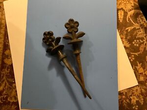 2 Vintage Flower Cast Iron Hose Guide Guard Stake Metalware Antique Garden