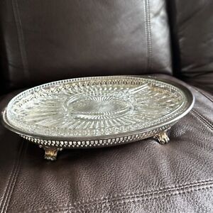 Vintage Leonard Silver Plate Oval Serving Tray With Glass Inserts