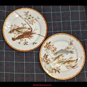 Two Japanese Kutani Yokohama Uekido Porcelain Plates Of Fishes And Lobster