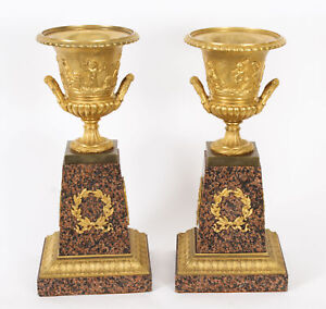 Antique Pair Large 16inch Grand Tour Gilt Bronze Campana Urns Circa 1920