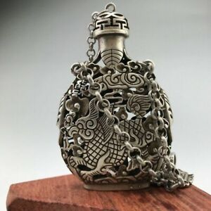 Chinese Ancient Tibetan Silver Snuff Bottle Hand Carved Chinese Dragon Pattern