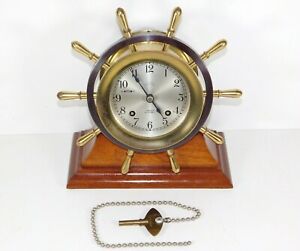 Antique Chelsea New York Pilot Brass Yacht Wheel Ships Bell Clock Desk Mantle
