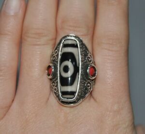 1 2 Old Tibet Silver Inlay Gems Natural Agate Dzi Bead Finger Ring Amulet Statue