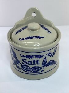 Antique Stoneware Hanging Saltbox W Lid Crock Salt Canister Crock Blue Onion