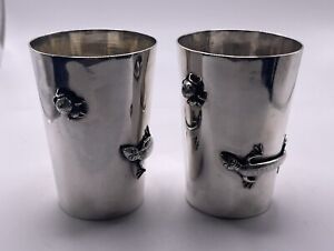 Chinese Export Luen Wo Figural Silver Bug Lizard Cup Pair