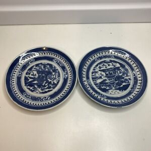 Set Of 2 Antique Chinese Blue White Canton Porcelain Saucers 19th C 