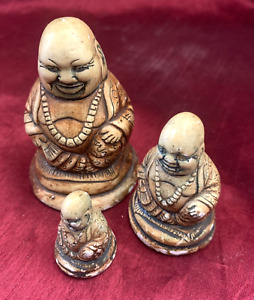 Chinese Buddha Auspicious Symbol Chalk Ware Graduated Trio