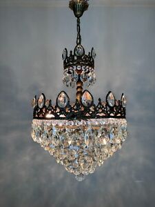 Antique Vintage Crystal Brass Chandelier Fixtures Ceiling Lamp Lighting 1950 S