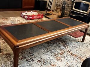 Mid Century Modern Solid Teak Coffee Table With Faux Slate Inlays 