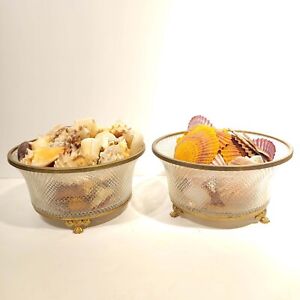Pair Of Antique Ormolu Mounted Crystal Bowls Filled With Shells