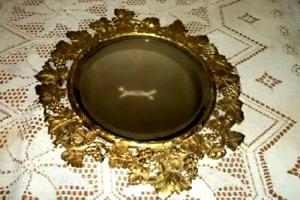 Victorian French Bronze Wall Beveled Mirror Deep Repousse Grapes Metal Back 1890