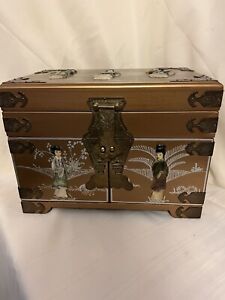 Antique Chinese Jewelry Chest With Gold Lacquer And Carved Figures