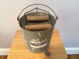 Vintage Mop Galvanized Metal Bucket Pail Dover Parkersburg Wood Rollers