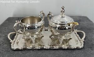 Vintage F B Rogers Silver Co Silver Plated Tray Creamer Sugar Bowl With Lid