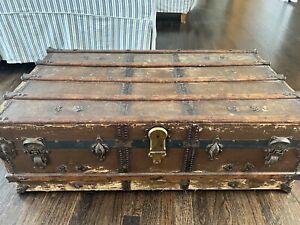 Antique Rustic Wood And Metal Steamer Trunk