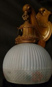 Antique Art Deco Victorian Wall Sconce Reverse Painted Shade Pale Blue Cast Iron