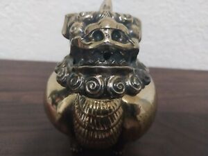 Vintage Small Japanese Embossed Brass Footed Komainu Lion Dog Incense Burner