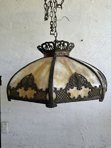 Antique Arts Crafts Slag Glass Hanging Light Fixture Deco Nouveau Shade