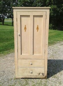 Antique Primitive Pine Pantry Cupboard With Original Off White Cream Paint