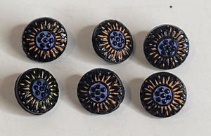 Antique Black Glass And Enamel Button Sunflower Set Of Six