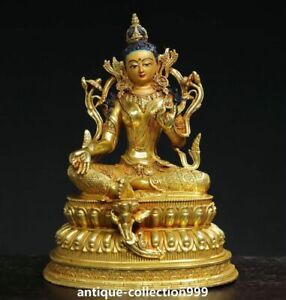 8 6 Old Tibet Bronze Gilt Painting Buddhism Green Tara Goddess Buddha Statue