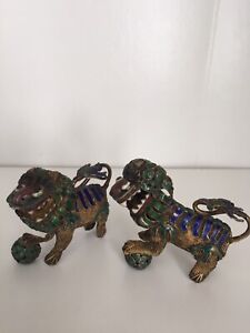 Pair Of Vintage Chinese Gold Gilded Filigree Enamel Foo Dogs 