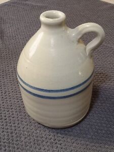 Antique Stoneware Pottery Jug Bottle Double Blue Stripe 8 Tall Hand Thrown Clay