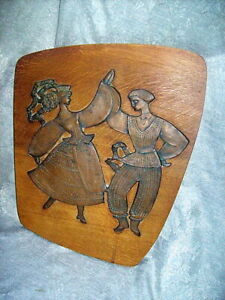 Mid Century Modern Eames Era Amorphic Wood Wall Plaque W Bronze Relief Dancers