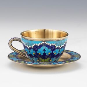 Russian 916 Silver Gilt Enamel Six Color Cup And Saucer Leningrad 1958 Year