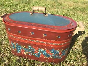 Vintage Early 1900 S Large Copper Wash Tub Lid Hand Painted Toleware