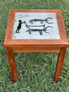 Petroglyph Cave Art Style Ceramic Tile Top Side Table Plant Stand Mission Oak