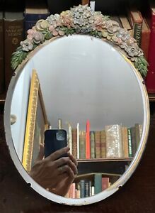 Large Antique English Barbola Vanity Beveled Mirror Hand Painted Flowers Gesso