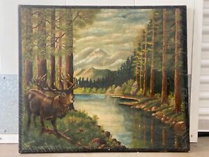  Antique Old Primitive American Folk Art Forest Elk Landscape Oil Painting 26