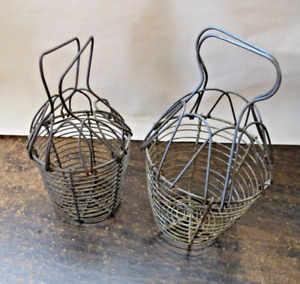 Small Vintage Child Size Antique Primitive Wire Woven Metal Egg Basket Pair Two