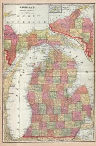1898 Antique Cram Atlas Map Of Michigan United States Excellent Detail