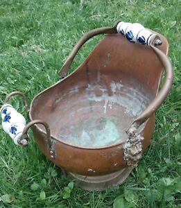 Vintage Lge Copper Brass Coal Scuttle Bucket Porcelain Handles Lions Head