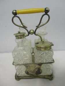 Antique Epns Silverplate W 4 Pressed Glass Cruet Set With Yellow Handled Holder