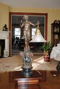 Graceful Antique Spelter Newel Post Lamp Figurine With Lion Lamp