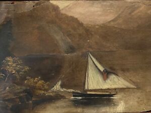  Important Antique Folk Art 19th C Hudson River Oil Painting American Ship