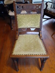 Antique Old Hand Carved Eastlake Victorian Solid Walnut Wood Side Chair