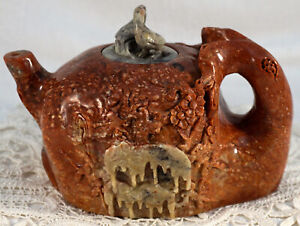 Chinese Natural Shoushan Stone Teapot Flowers Kissing Swans Lid Exquisite