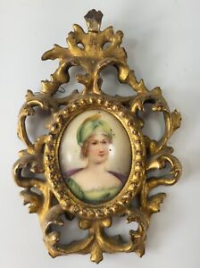 Antique Painted German Porcelain Portrait Plaque Letizia Bonaparte Gilt Frame