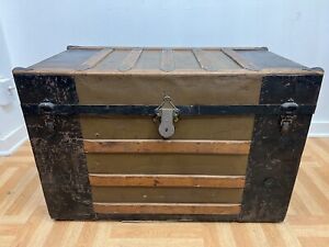 Vintage Wood Steamer Trunk Chest Coffee Table Storage Box Antique Old Loft Decor