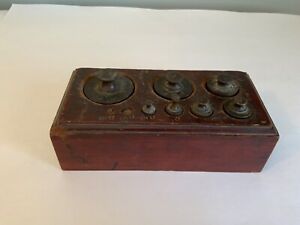 Antique Set Of Apothecary Brass Weights W Old Wooden Block Organizer
