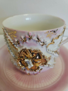 Antique German Porcelain Pink Gold Breakfast Cup Saucer Applied Florals