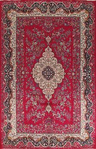 Vintage Traditional Floral Handmade Red Kashmar Handmade Room Size Rug 10x13