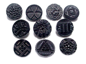 10 Small Antique Victorian Black Glass Buttons Imitation Fabric Geometric