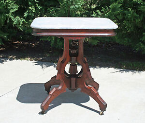 Victorian Walnut Marble Top Center Lamp Side Table Circa 1875