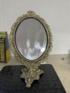 Vtg Ornate Brass Tilting Vanity Stand Mirror Swivel Metal Victorian French Style