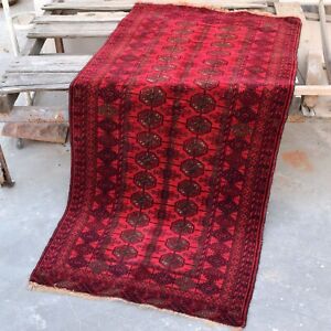 Antique Red Handmade Rug Vintage Turkmen Bokhara Hand Knotted Handwoven Runner